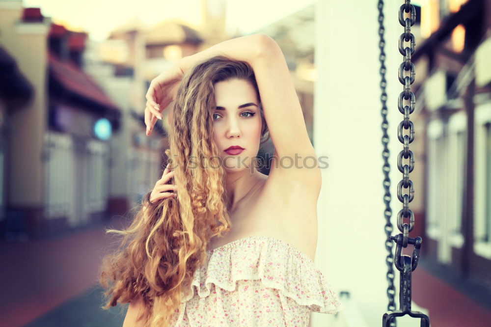 Similar – Image, Stock Photo Charming brunette on balcony in cityscape