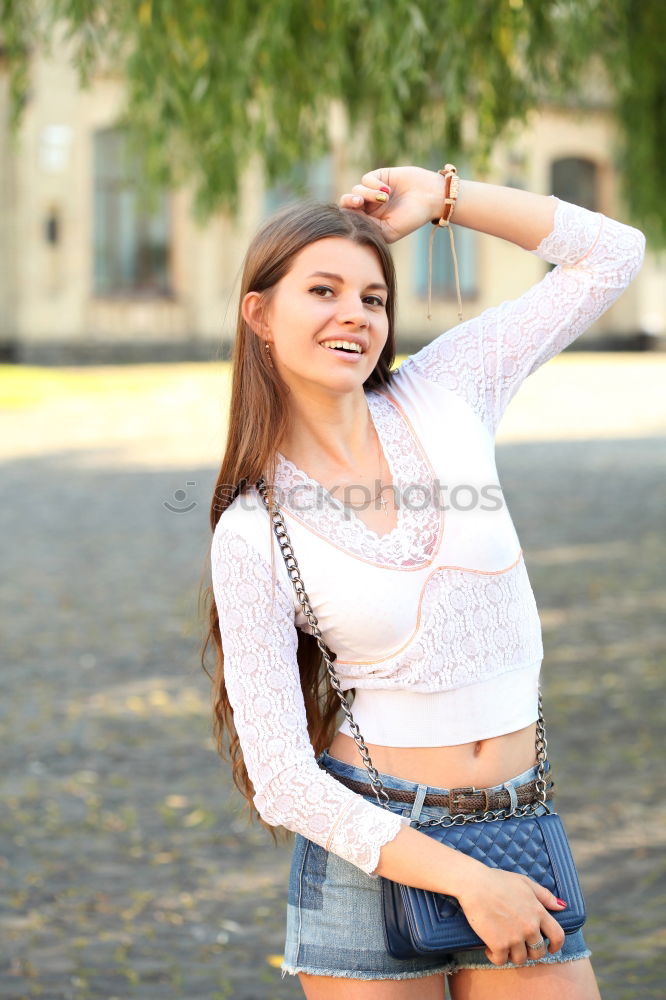 Similar – Image, Stock Photo Girl in casual clothes smiling in the metro.