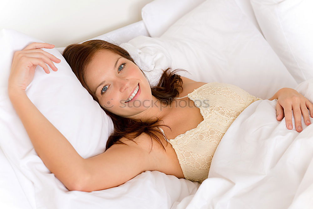 Similar – Image, Stock Photo Beautiful girl sitting in bed in white linens