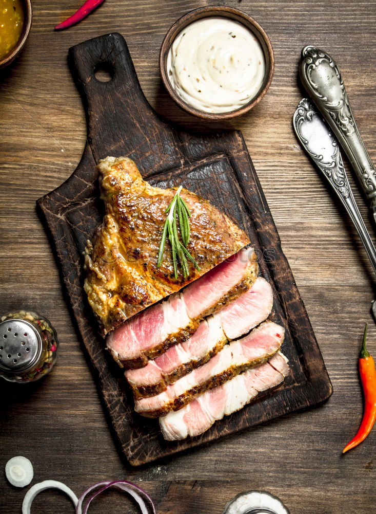 Similar – Image, Stock Photo Hip steak , medium fried with salsa sauce