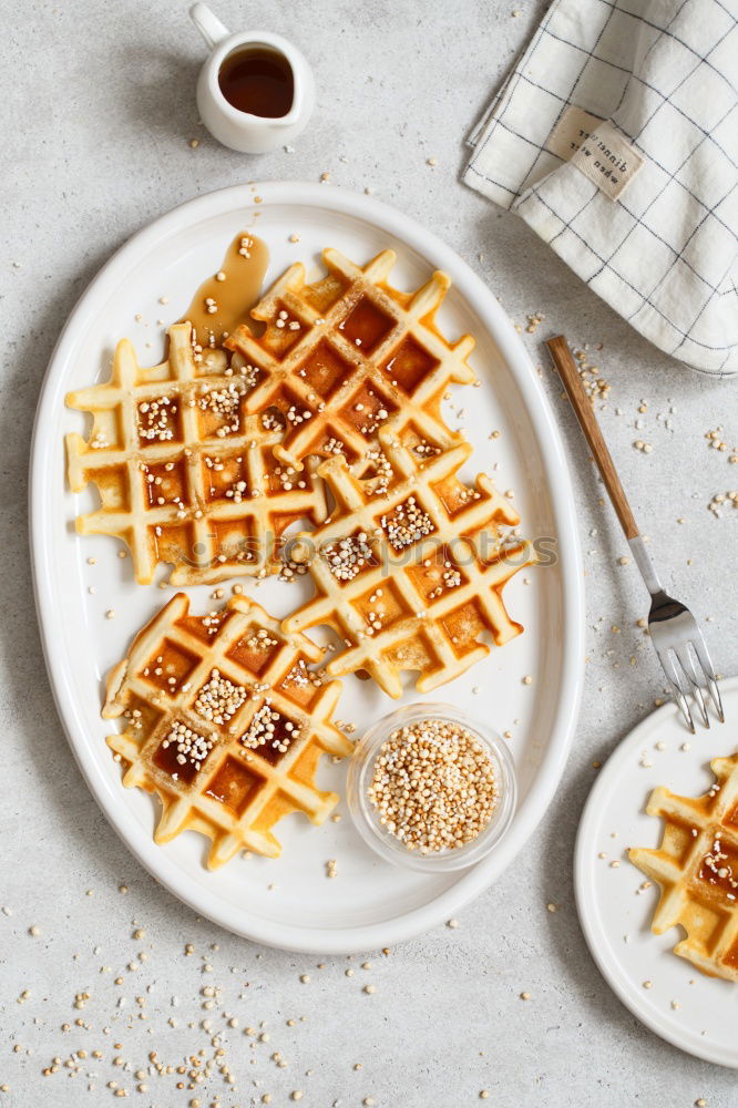 Similar – Image, Stock Photo Breakfast belgian with waffles with ice on white wooden table.