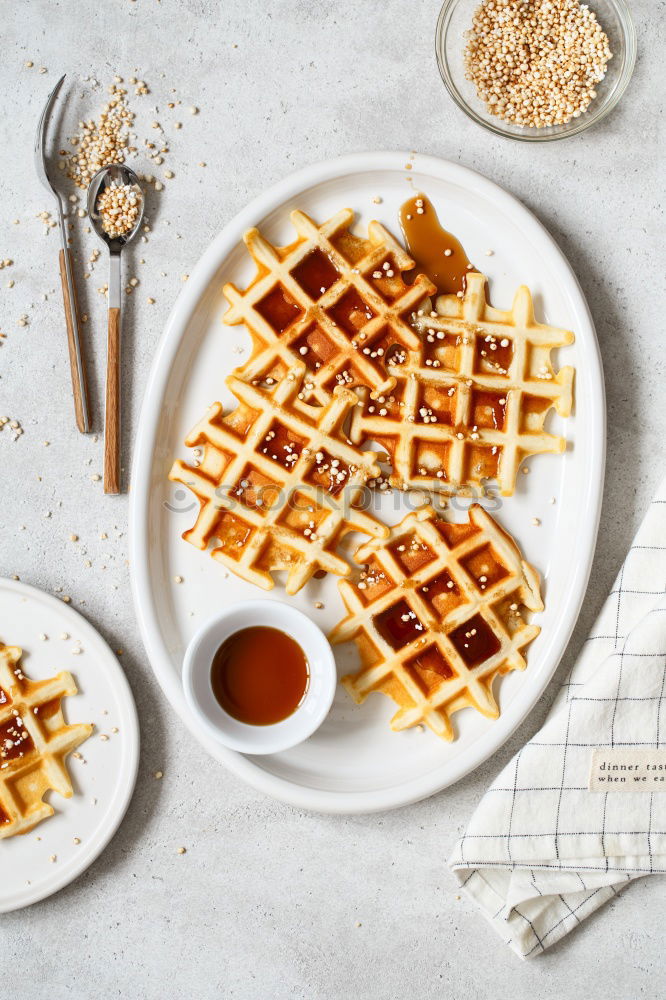 Similar – Image, Stock Photo Breakfast belgian with waffles with ice on white wooden table.