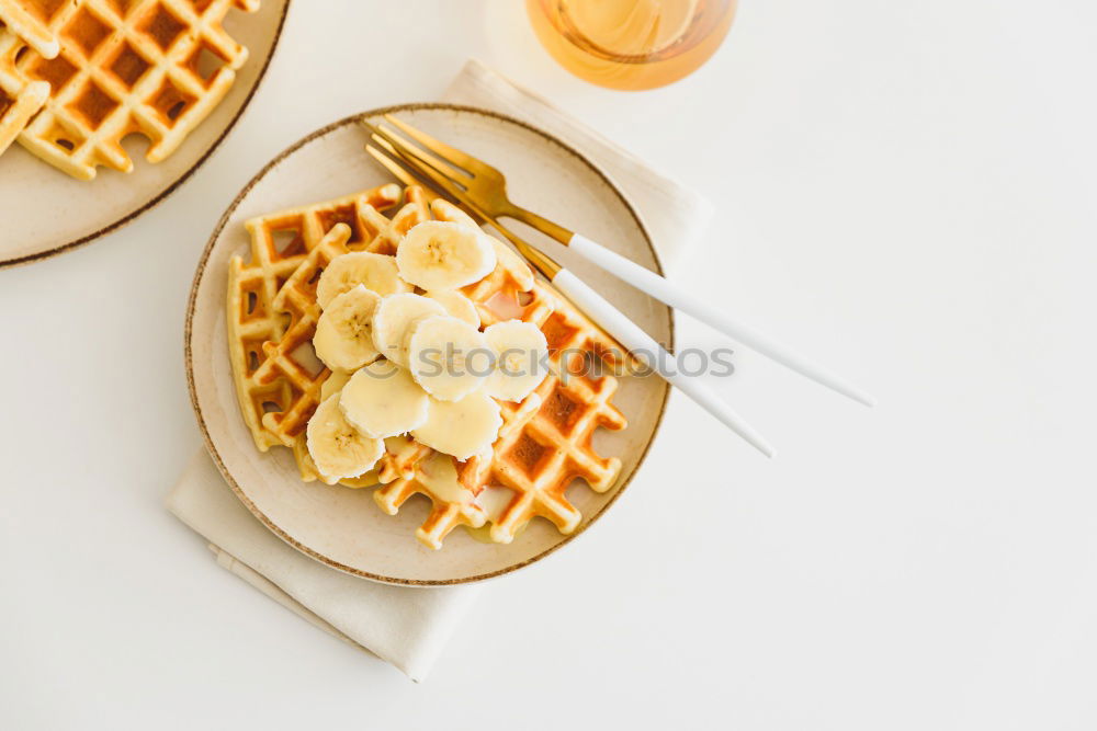 Similar – Image, Stock Photo Breakfast belgian with waffles with ice on white wooden table.