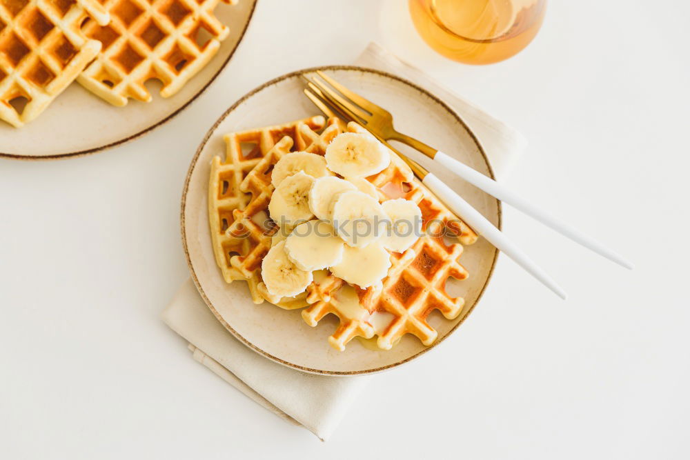 Similar – Image, Stock Photo Breakfast belgian with waffles with ice on white wooden table.