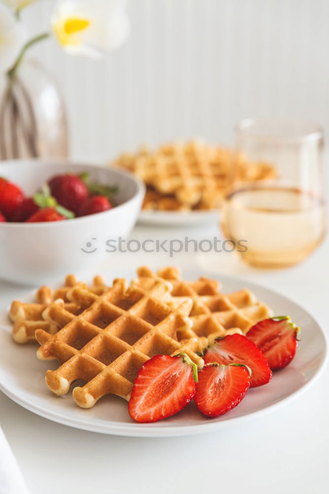 Similar – Image, Stock Photo Breakfast belgian with waffles with ice on white wooden table.