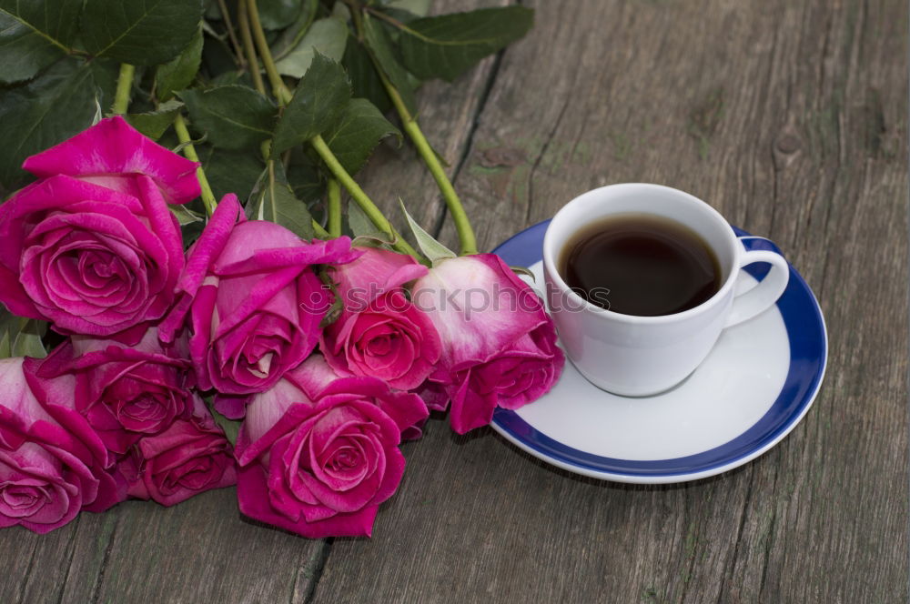 Image, Stock Photo bouquet of irises and a cup of coffee