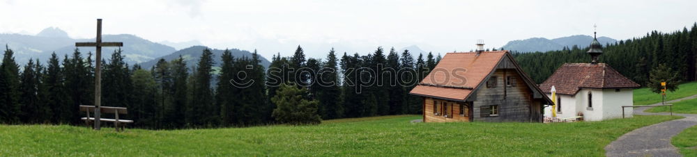 Similar – Image, Stock Photo Target reached. The small church looks out from behind a wall. Hike to the Lauberberg country inn with church. Franconia.