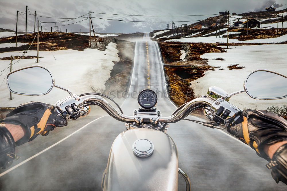 Similar – Image, Stock Photo Man with motorcycle in snowy road