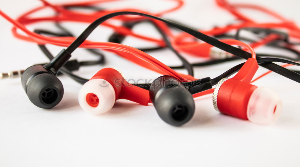 Image, Stock Photo White smartphone with headphones on the old wooden board