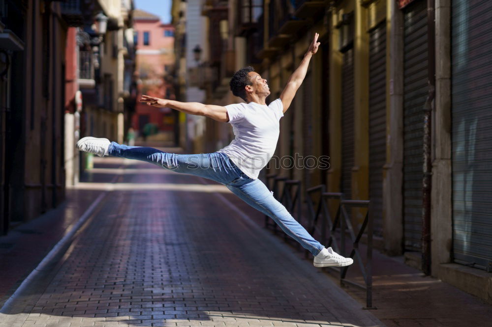 Similar – Image, Stock Photo Young happy woman jumping in the street