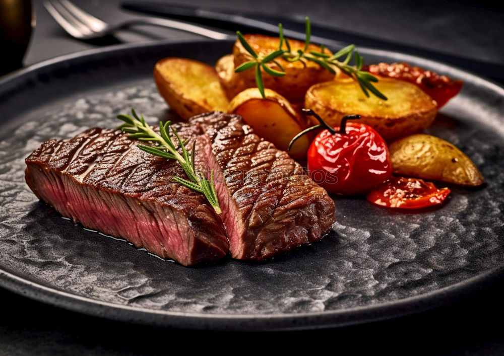 Similar – Image, Stock Photo Medium roasted meat steak and salsa sauce