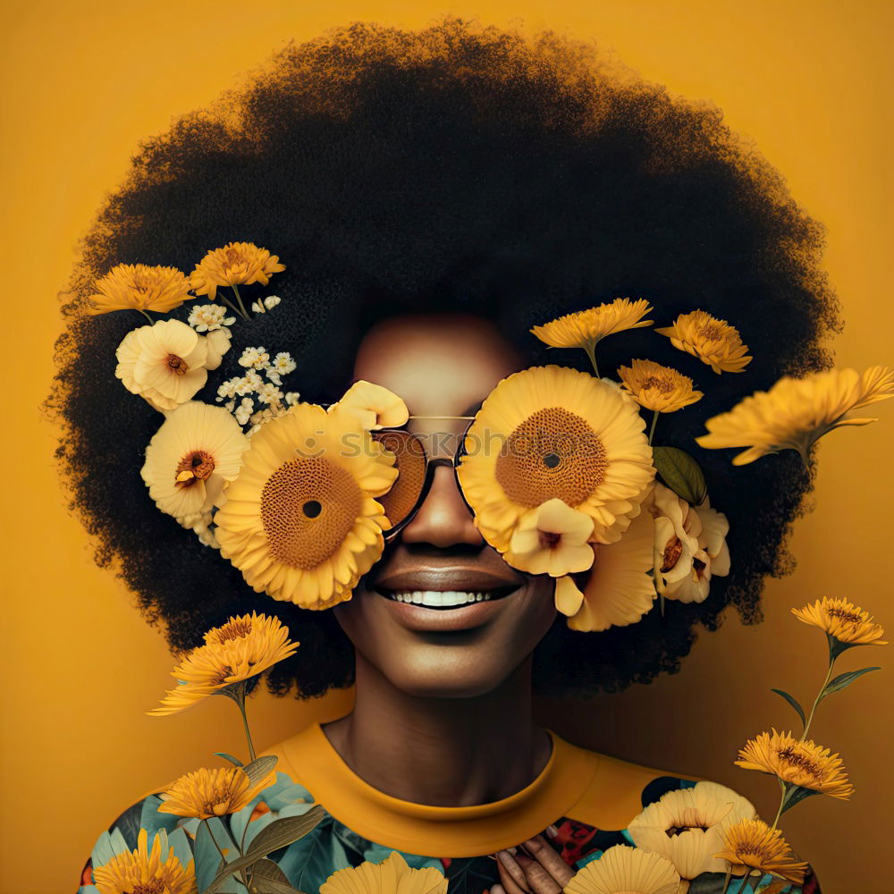 Similar – young african american woman in yellow dress enjoying a garden with yellow flowers