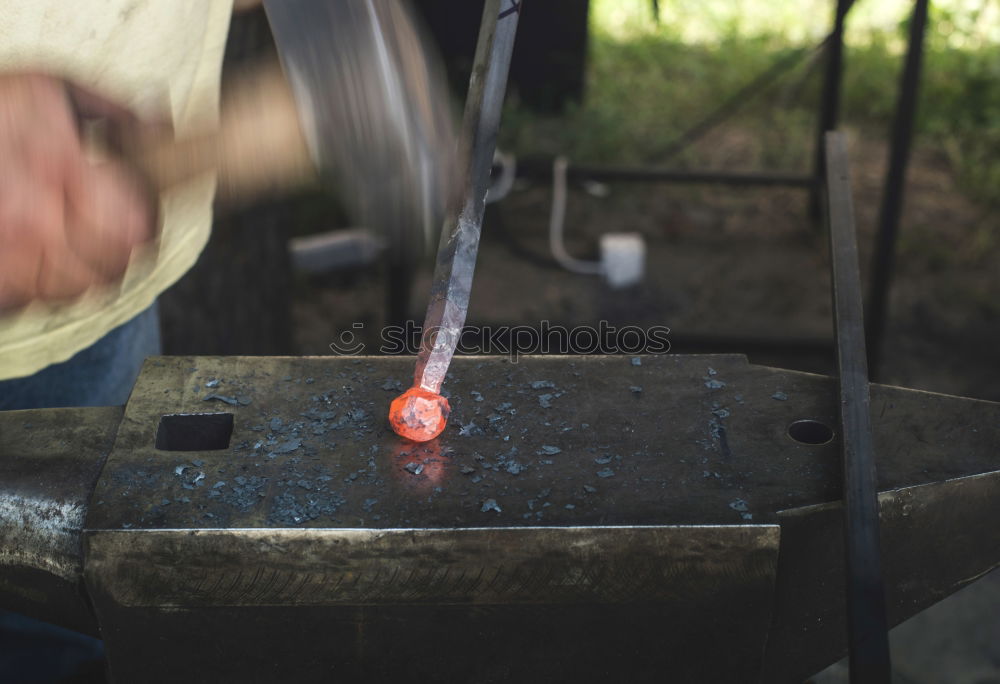 Blacksmith forges iron on anvil