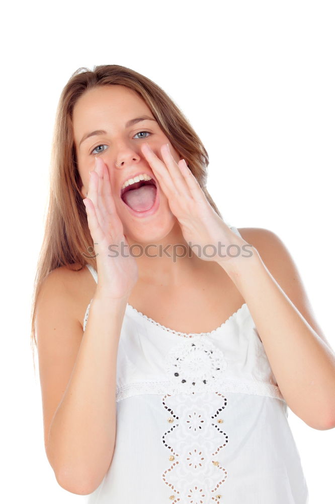 Similar – Image, Stock Photo young, slim, long-legged woman sits on the floor in front of a white wall and covers her face with one hand