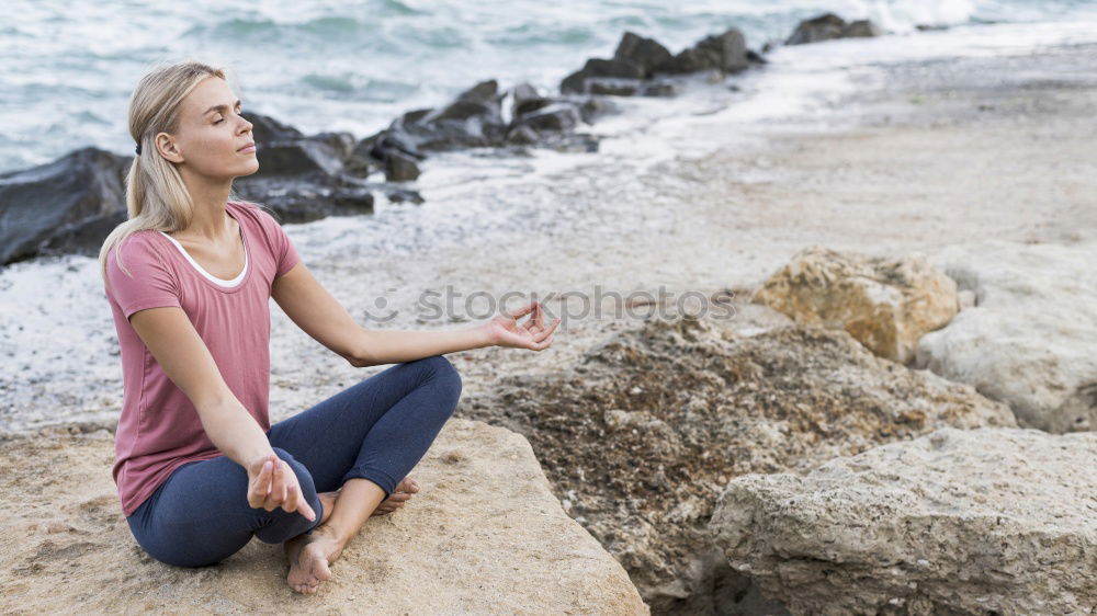 Similar – Image, Stock Photo Dreamy woman on rock at seaside