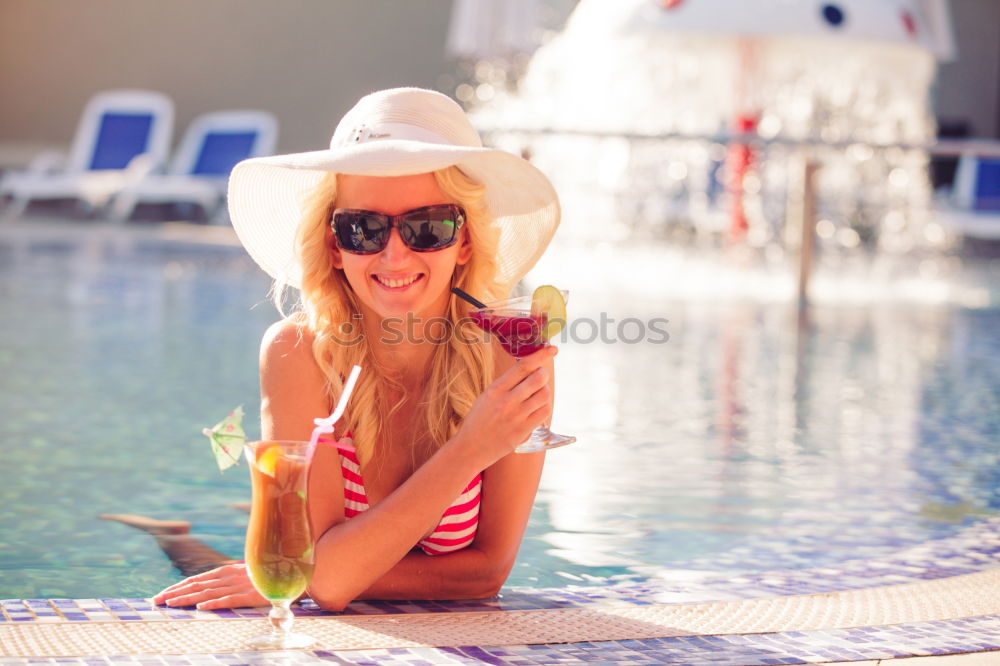 Similar – Image, Stock Photo Woman making peace sign standing in swimming pool