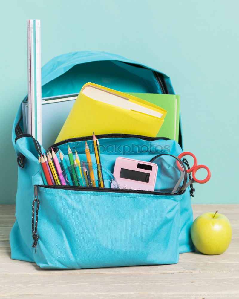 Similar – Image, Stock Photo Backpack, magnifying glass, notepad, scissors