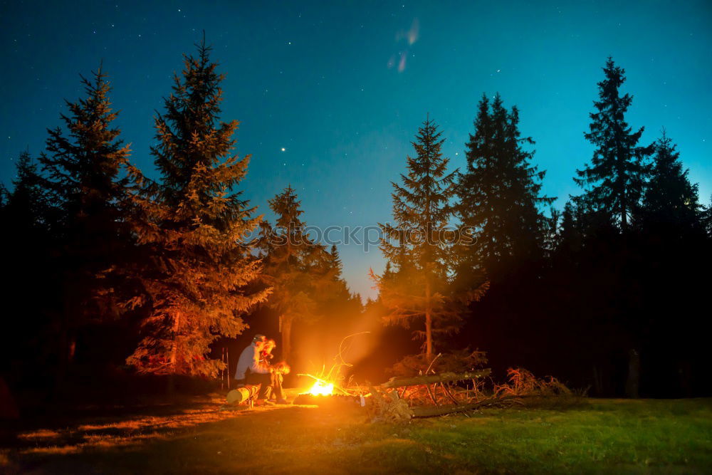 Similar – Image, Stock Photo Man lights a fire in the fireplace in nature at night