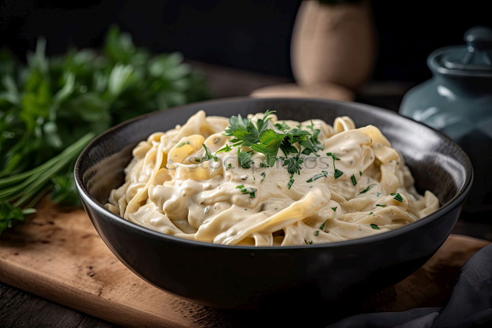 Image, Stock Photo Spaghetti Carbonara in old pot with parmesan and herbs.