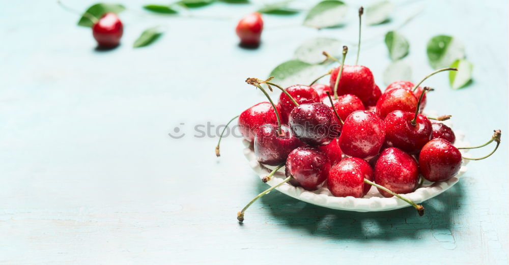 Similar – Image, Stock Photo Blue bowl full of fresh organic cherries on pink background