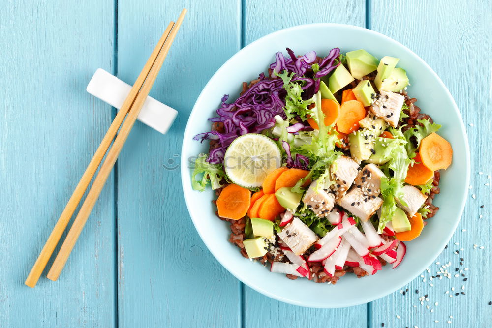 Similar – Image, Stock Photo Vegan tofu salad with tomatoes and lamb’s lettuce in bowl