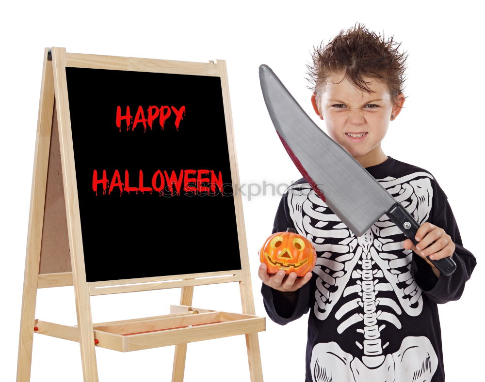 Similar – Image, Stock Photo Young boy in the Skeleton costume holding Halloween pumpkin