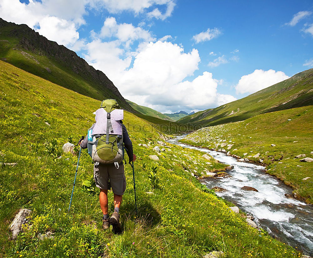 Similar – Hikers with rucksack in the mountains