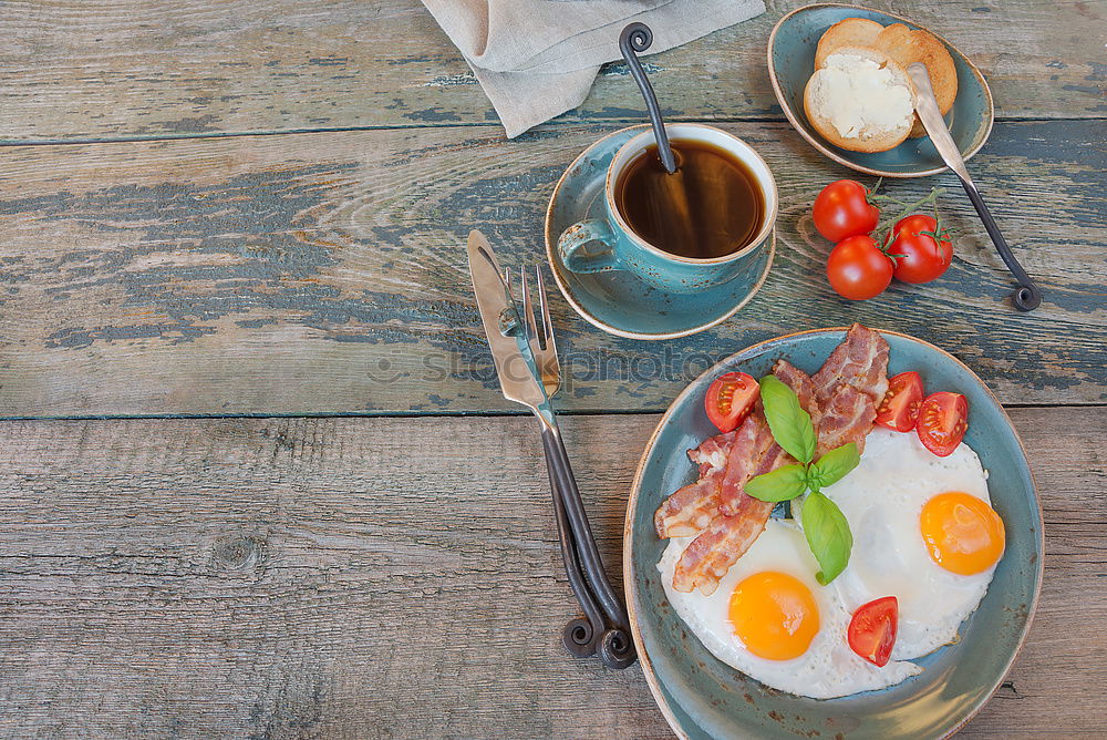 Similar – country breakfast on rustic home kitchen with farm eggs