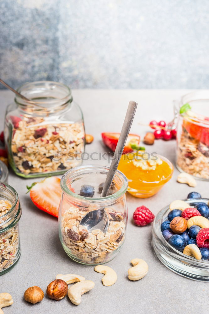 Image, Stock Photo Breakfast in glass with fresh berries, nuts and muesli