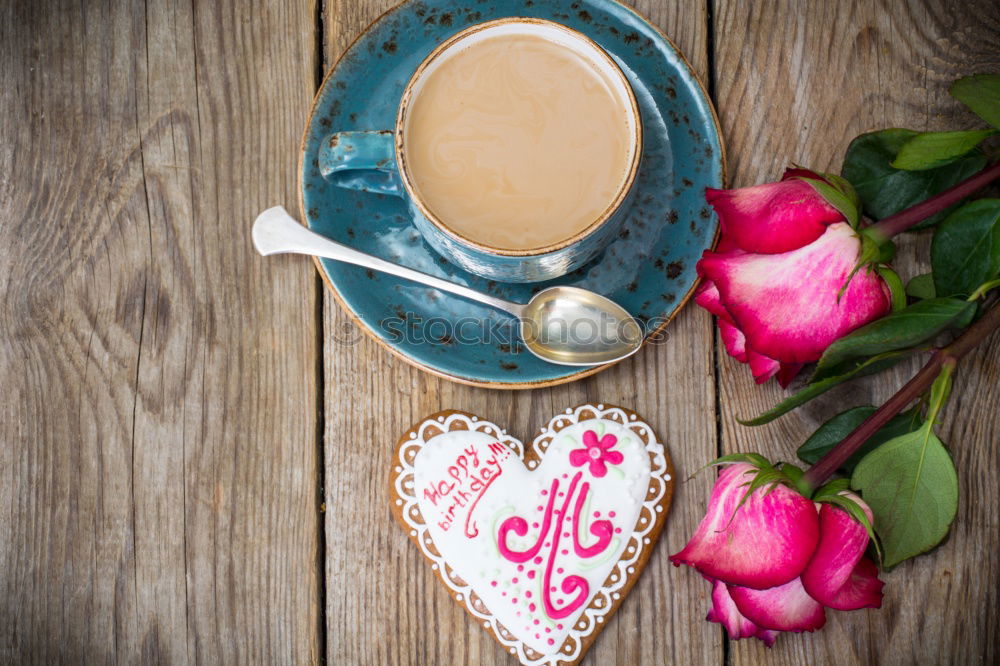 Similar – Image, Stock Photo cup of hot black coffee and a bouquet