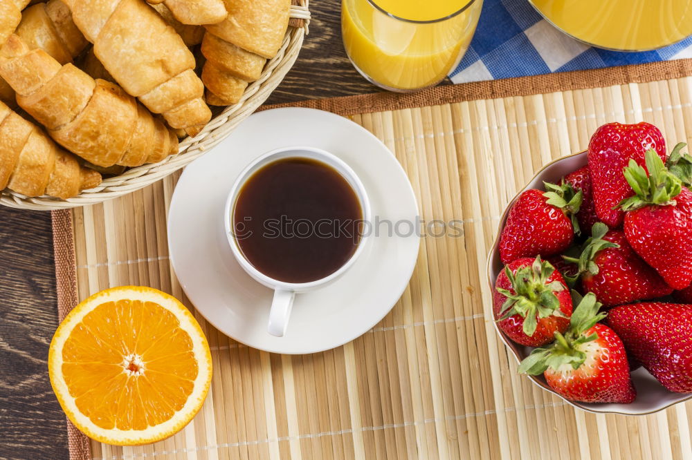 Similar – Image, Stock Photo Coffee or tea and tropical fruit plat on white bed