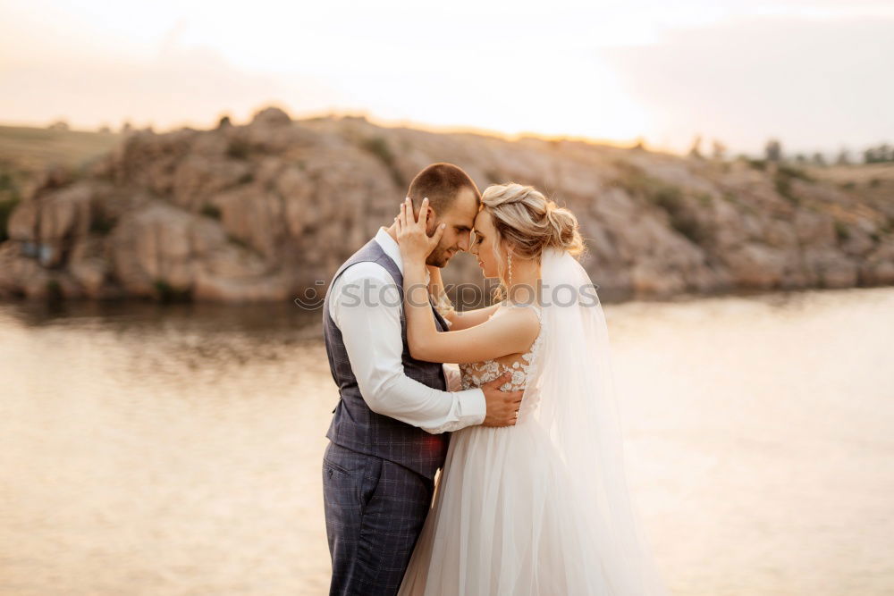 Similar – Image, Stock Photo Crop bride with bouquet embracing groom