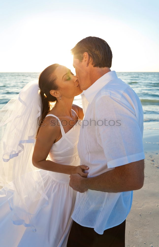 Similar – Image, Stock Photo Beautiful bridal couple posing on shore