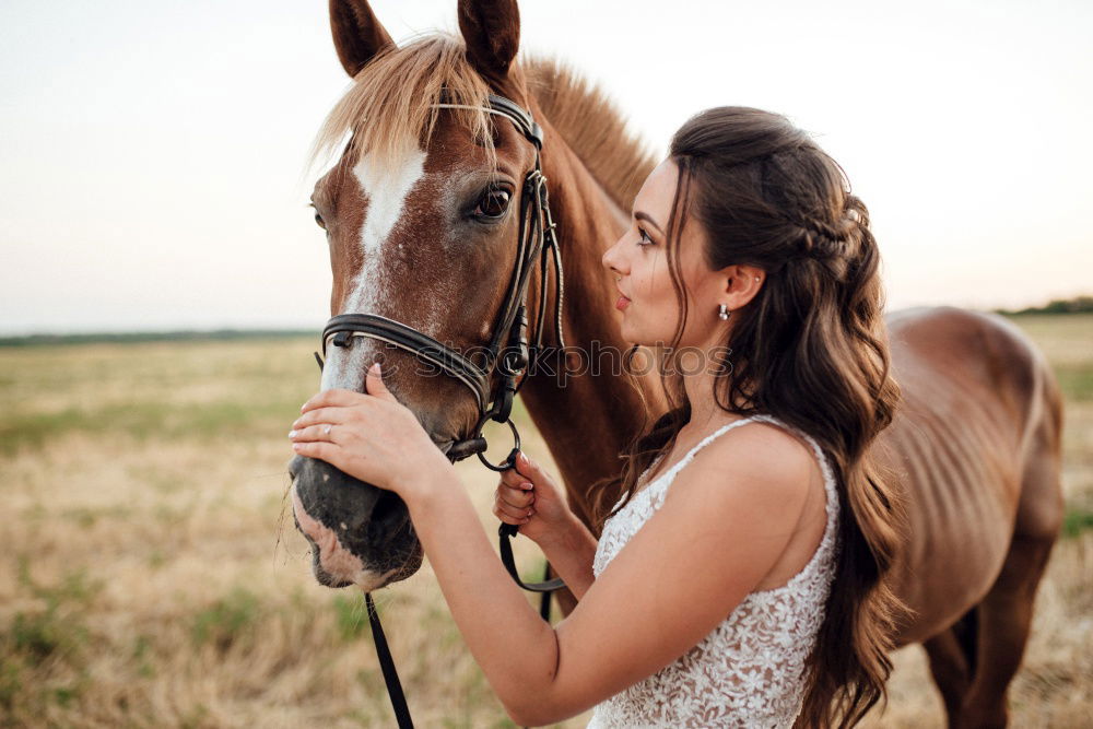 Similar – Image, Stock Photo Beautiful young rider woman with horse in nature. Love and friendship between man and animal. Portrait in landscape near horse stable of riding farm with riding school or farm with pet for hobby riding.