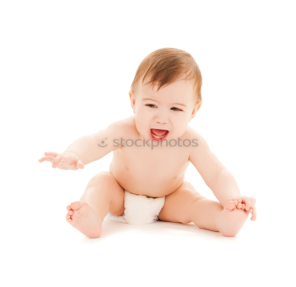 Image, Stock Photo A cute little girl in chef’s hat sitting on the kitchen floor soiled with flour, playing with food, making a mess and having fun