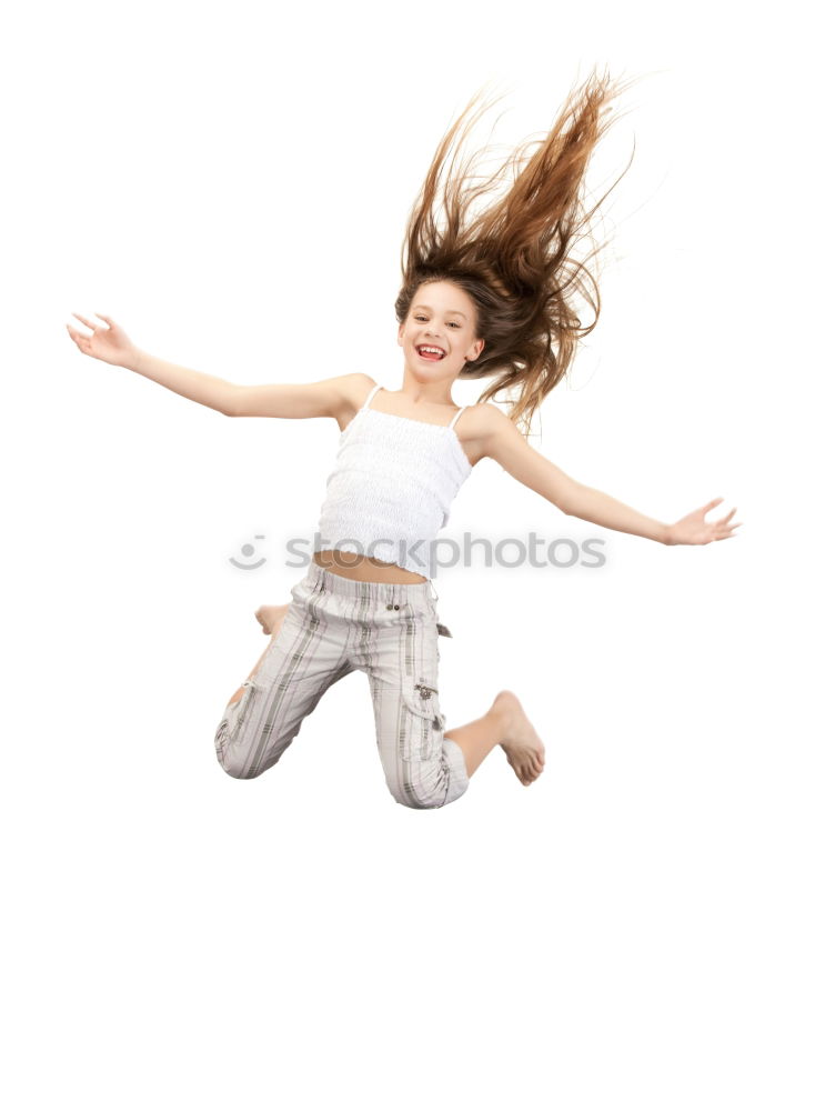 Similar – Funny blonde woman jumping in urban background.