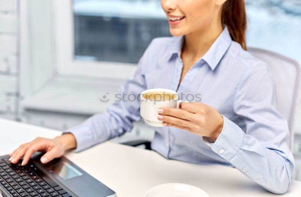 Similar – Image, Stock Photo brunette woman is using her computer while having a coffee