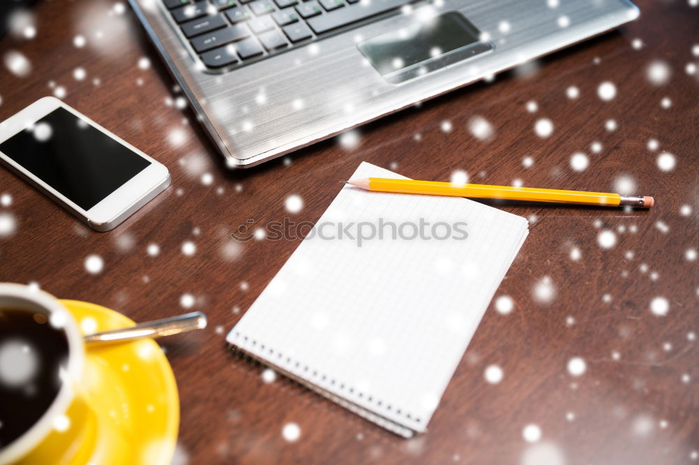 Similar – Blue office: note with pencil, sharpener, paper clips, eraser and a coffee cup