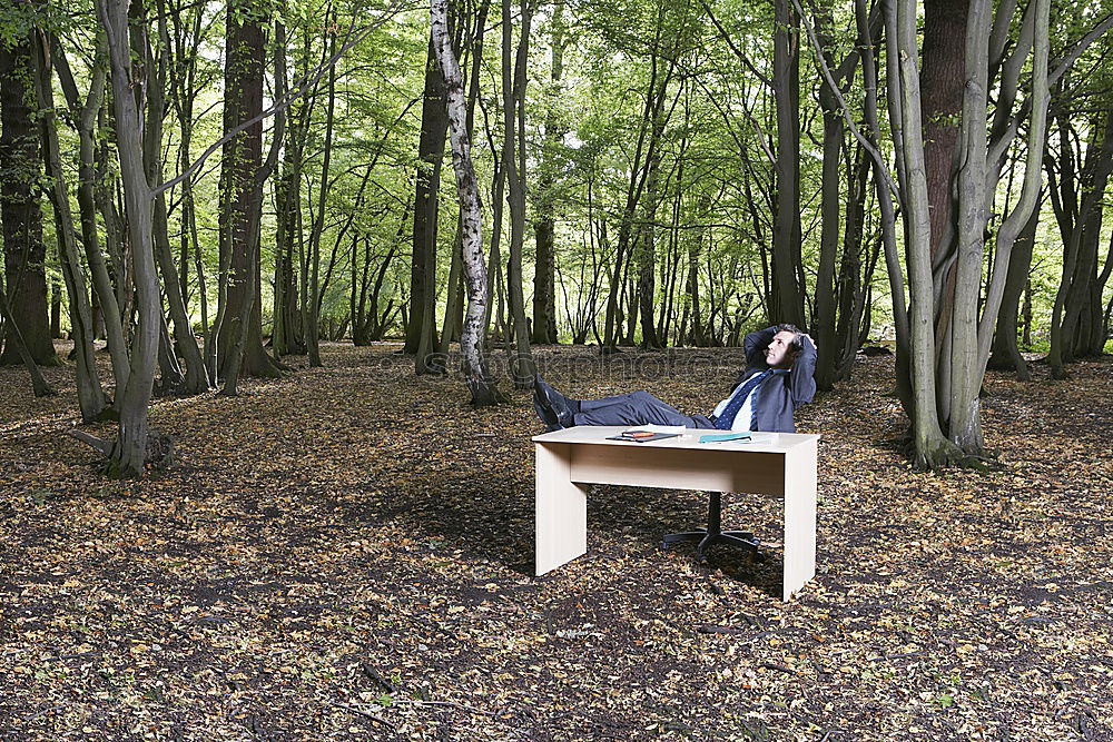 A man working with his laptop in a forest on the fresh air sitting on a trunk.