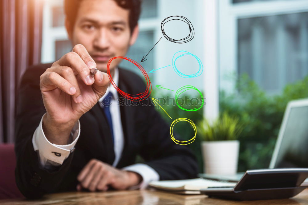 Similar – Image, Stock Photo Handsome businessman with striped tie sits at table with coffee making phone call and using his tablet