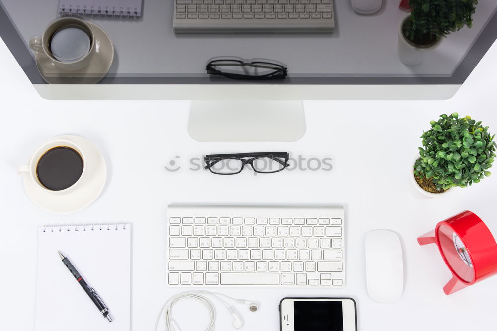 Similar – office wooden desk with pc keyboard and other supplies