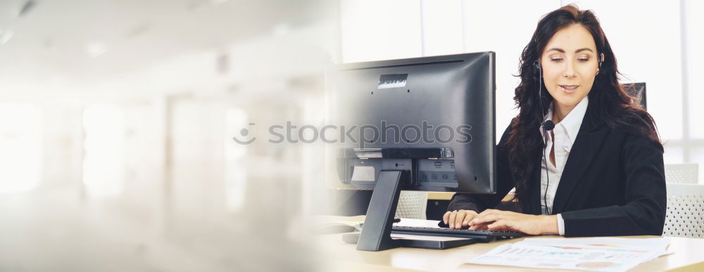 Similar – Concentrated young lady using laptop and sitting at table