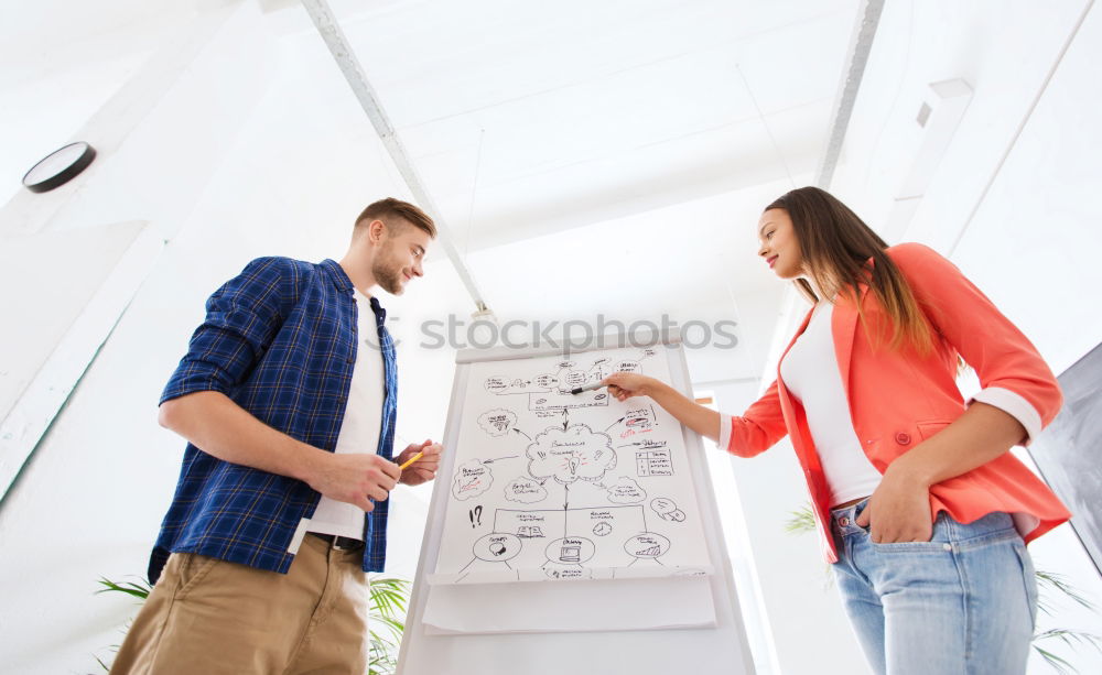 Similar – Businesspeople brainstorming and writing on whiteboard