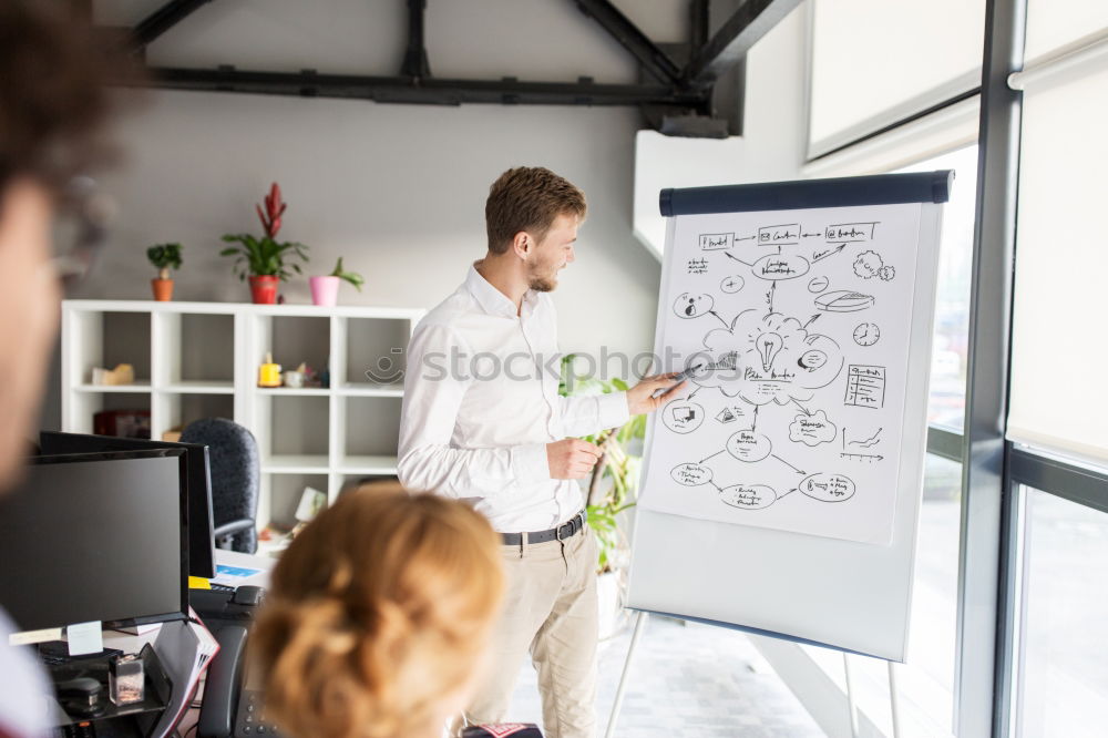 Businesspeople brainstorming and writing on whiteboard