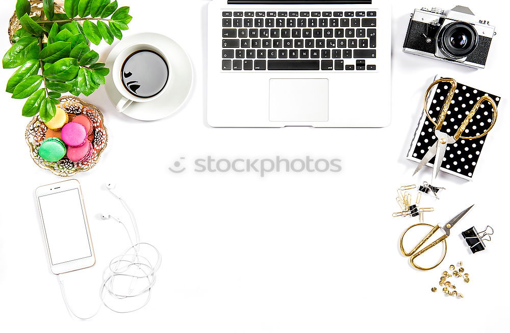 Similar – Image, Stock Photo shoes, jeans, tablet pc, camera, headphones, notepad