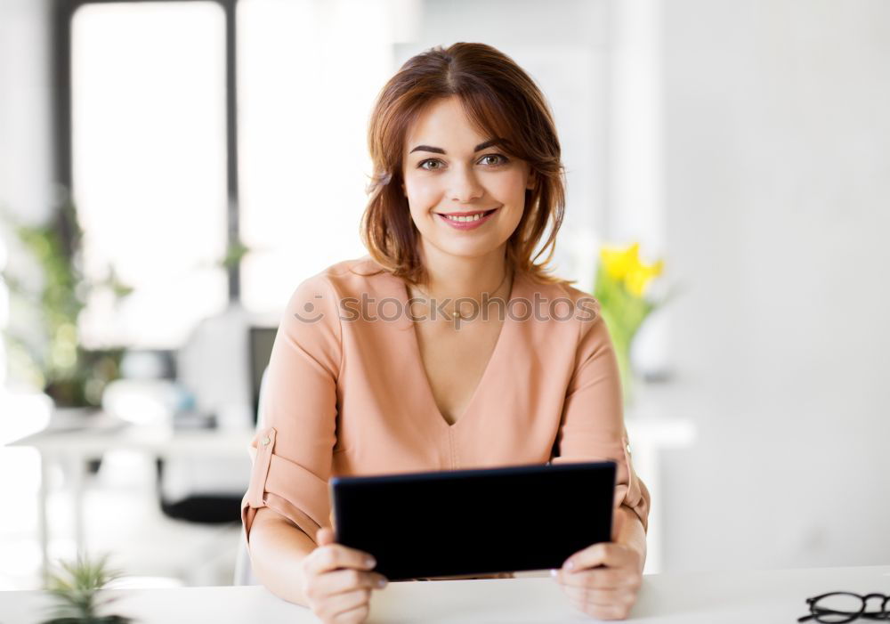 Similar – Young beautiful blonde woman on the computer working