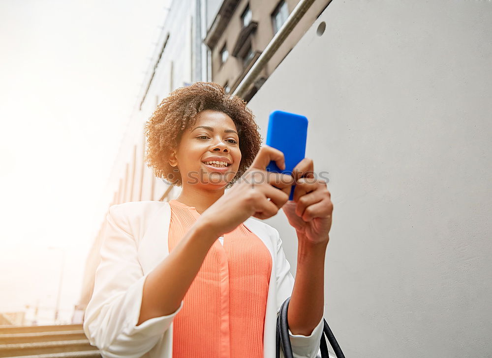 Image, Stock Photo African young woman taking funny selfie with smartphone