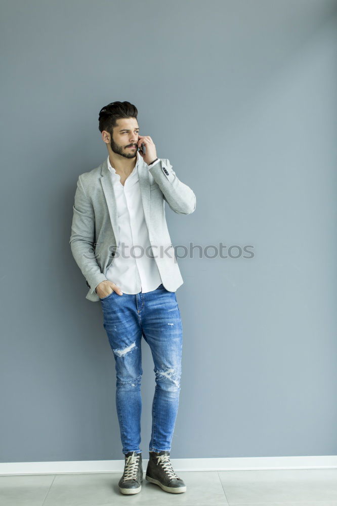 Similar – Image, Stock Photo Young bearded man on blinds with arms crossed
