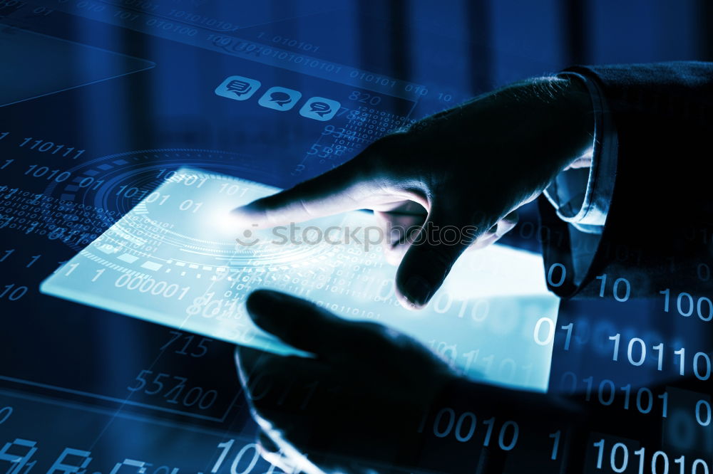 Similar – Man using computer and programming  to break code. Cyber security threat. Internet and network security. Stealing private information. Person using technology to steal password and private data