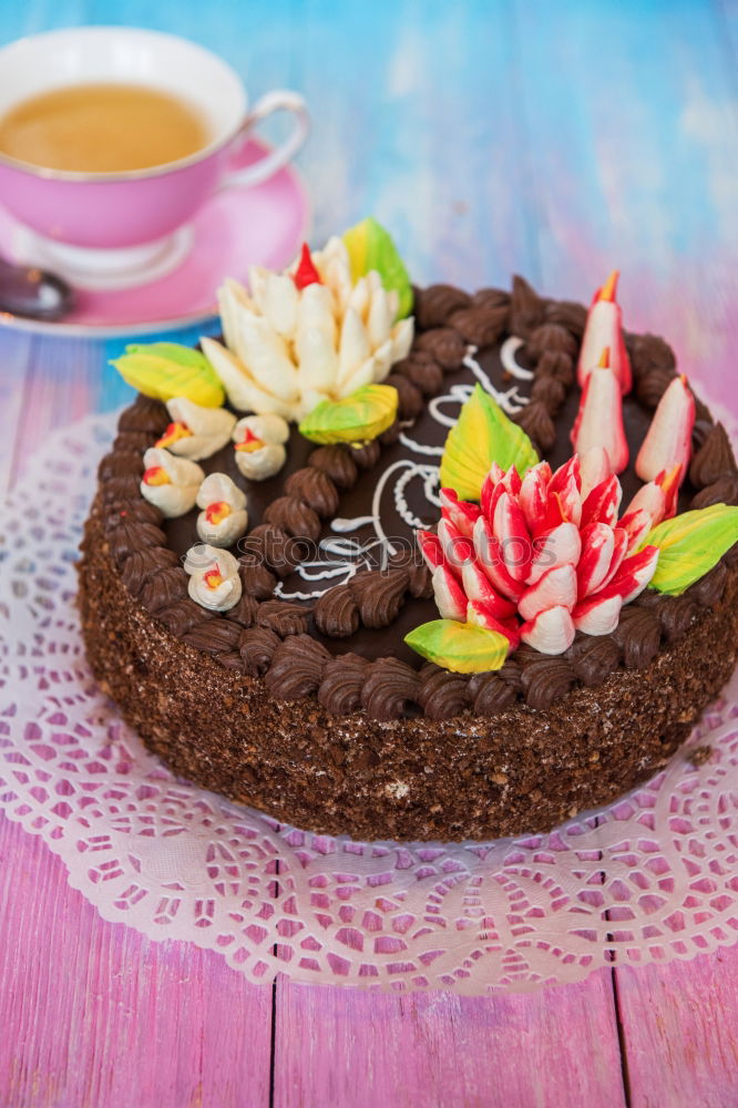 Similar – Image, Stock Photo Chocolate cream cake on blue wood with cake lace